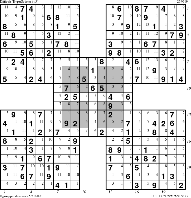 The grouppuzzles.com Difficult HyperSudoku-by5 puzzle for Sunday May 31, 2026, suitable for printing, with all 13 steps marked