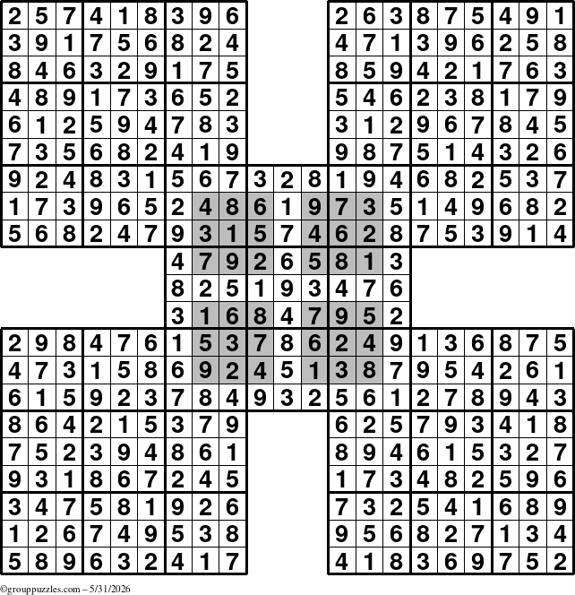 The grouppuzzles.com Answer grid for the HyperSudoku-by5 puzzle for Sunday May 31, 2026