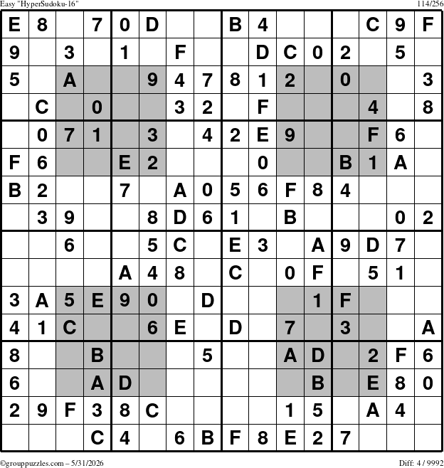 The grouppuzzles.com Easy HyperSudoku-16 puzzle for Sunday May 31, 2026