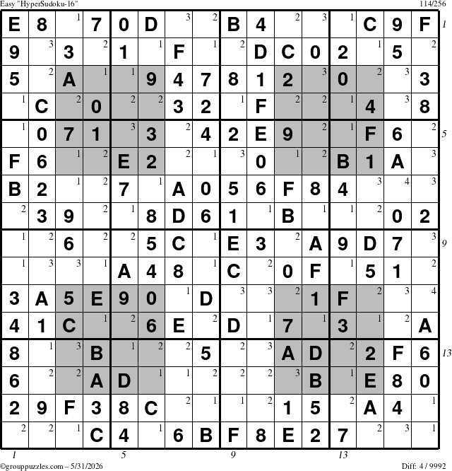 The grouppuzzles.com Easy HyperSudoku-16 puzzle for Sunday May 31, 2026, suitable for printing, with all 4 steps marked