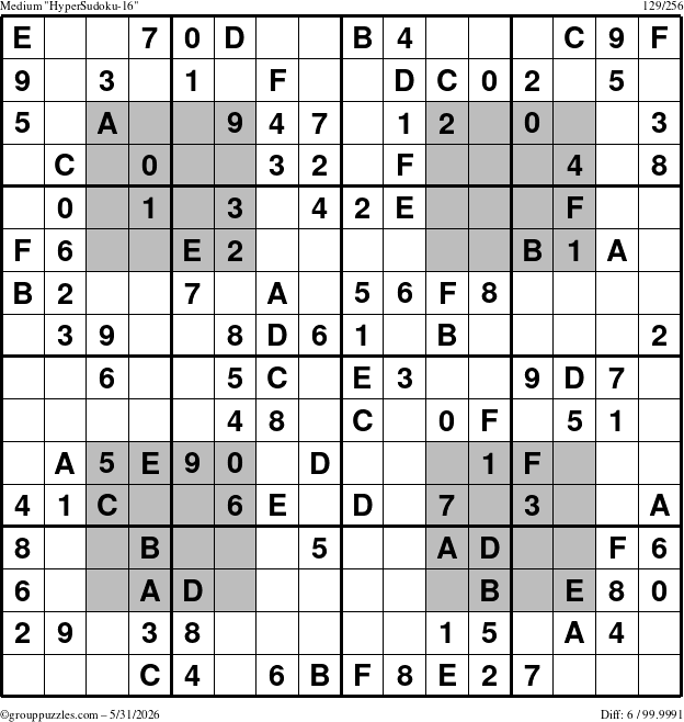 The grouppuzzles.com Medium HyperSudoku-16 puzzle for Sunday May 31, 2026
