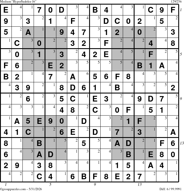 The grouppuzzles.com Medium HyperSudoku-16 puzzle for Sunday May 31, 2026 with all 6 steps marked