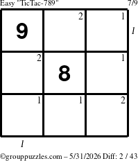 The grouppuzzles.com Easy TicTac-789 puzzle for Sunday May 31, 2026, suitable for printing, with all 2 steps marked