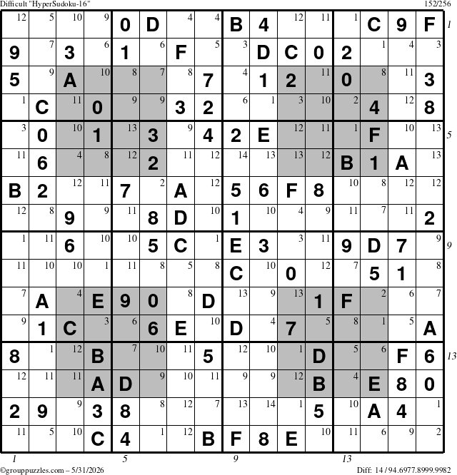 The grouppuzzles.com Difficult HyperSudoku-16 puzzle for Sunday May 31, 2026 with all 14 steps marked