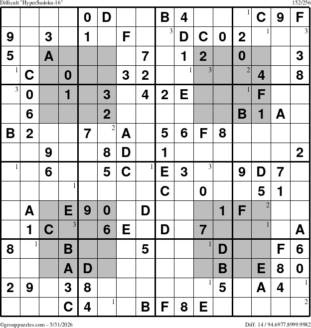 The grouppuzzles.com Difficult HyperSudoku-16 puzzle for Sunday May 31, 2026 with the first 3 steps marked
