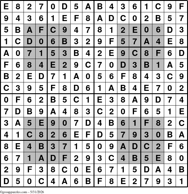 The grouppuzzles.com Answer grid for the HyperSudoku-16 puzzle for Sunday May 31, 2026