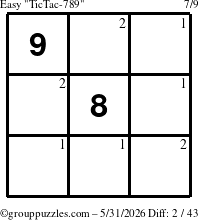 The grouppuzzles.com Easy TicTac-789 puzzle for Sunday May 31, 2026 with the first 2 steps marked