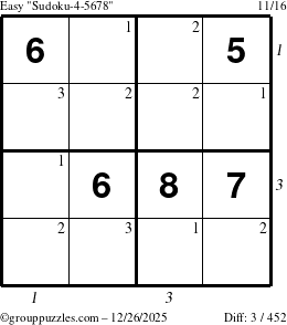 The grouppuzzles.com Easy Sudoku-4-5678 puzzle for Friday December 26, 2025 with all 3 steps marked