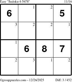 The grouppuzzles.com Easy Sudoku-4-5678 puzzle for Friday December 26, 2025 with the first 3 steps marked