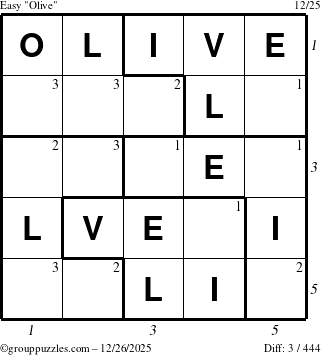 The grouppuzzles.com Easy Olive puzzle for Friday December 26, 2025 with all 3 steps marked