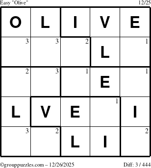 The grouppuzzles.com Easy Olive puzzle for Friday December 26, 2025 with the first 3 steps marked