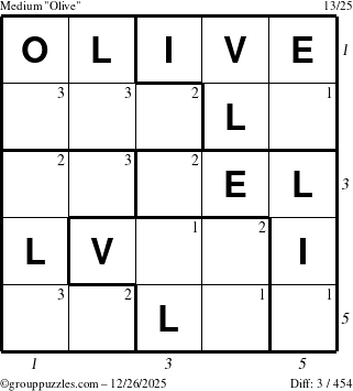 The grouppuzzles.com Medium Olive puzzle for Friday December 26, 2025, suitable for printing, with all 3 steps marked