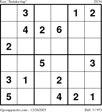 The grouppuzzles.com Easy Sudoku-6up puzzle for Friday December 26, 2025