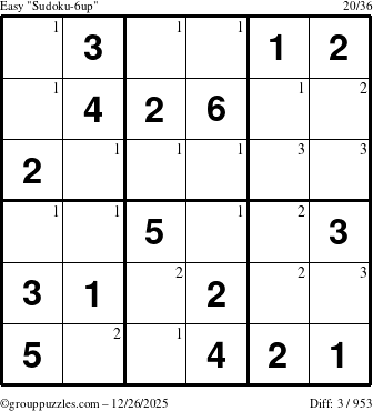 The grouppuzzles.com Easy Sudoku-6up puzzle for Friday December 26, 2025 with the first 3 steps marked