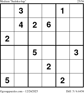 The grouppuzzles.com Medium Sudoku-6up puzzle for Friday December 26, 2025