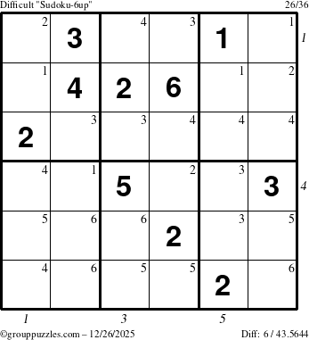 The grouppuzzles.com Difficult Sudoku-6up puzzle for Friday December 26, 2025 with all 6 steps marked