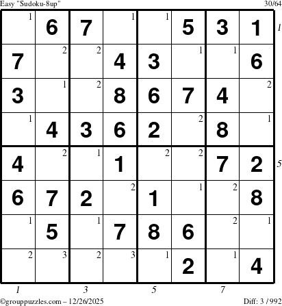 The grouppuzzles.com Easy Sudoku-8up puzzle for Friday December 26, 2025, suitable for printing, with all 3 steps marked