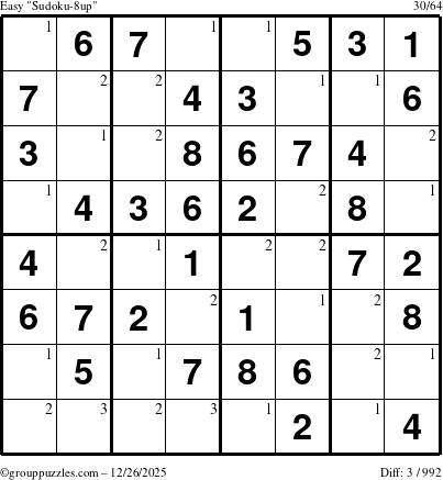 The grouppuzzles.com Easy Sudoku-8up puzzle for Friday December 26, 2025 with the first 3 steps marked