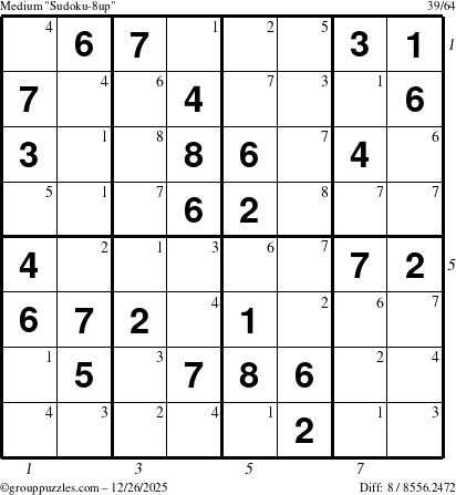 The grouppuzzles.com Medium Sudoku-8up puzzle for Friday December 26, 2025 with all 8 steps marked