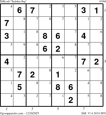 The grouppuzzles.com Difficult Sudoku-8up puzzle for Friday December 26, 2025, suitable for printing, with all 9 steps marked
