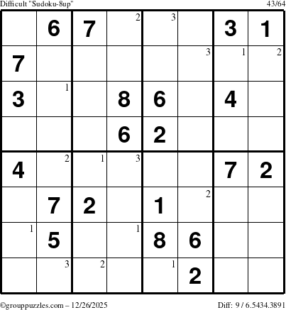 The grouppuzzles.com Difficult Sudoku-8up puzzle for Friday December 26, 2025 with the first 3 steps marked