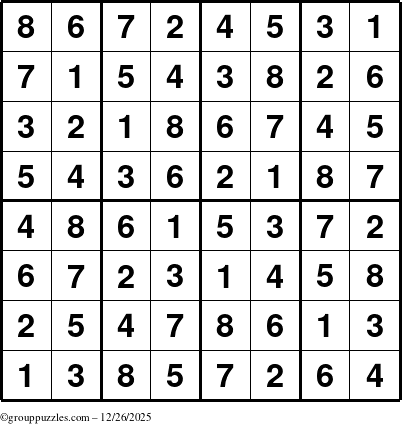 The grouppuzzles.com Answer grid for the Sudoku-8up puzzle for Friday December 26, 2025