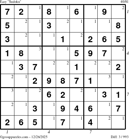 The grouppuzzles.com Easy Sudoku puzzle for Friday December 26, 2025 with all 3 steps marked