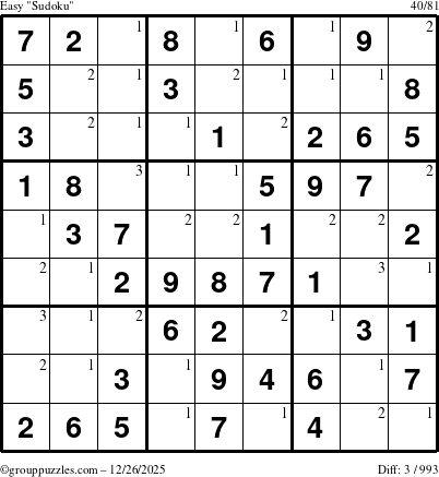 The grouppuzzles.com Easy Sudoku puzzle for Friday December 26, 2025 with the first 3 steps marked