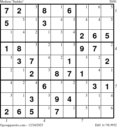 The grouppuzzles.com Medium Sudoku puzzle for Friday December 26, 2025 with all 6 steps marked