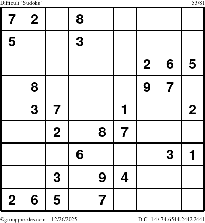 The grouppuzzles.com Difficult Sudoku puzzle for Friday December 26, 2025