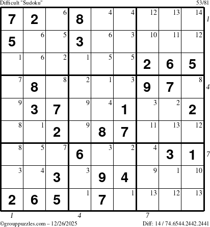 The grouppuzzles.com Difficult Sudoku puzzle for Friday December 26, 2025 with all 14 steps marked