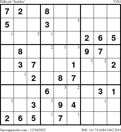 The grouppuzzles.com Difficult Sudoku puzzle for Friday December 26, 2025 with the first 3 steps marked