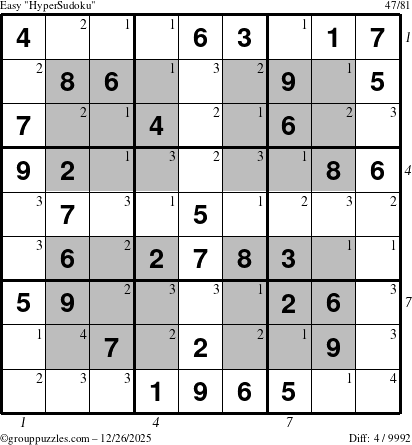 The grouppuzzles.com Easy HyperSudoku puzzle for Friday December 26, 2025 with all 4 steps marked
