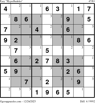 The grouppuzzles.com Easy HyperSudoku puzzle for Friday December 26, 2025 with the first 3 steps marked
