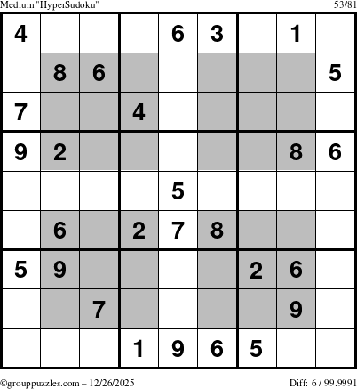 The grouppuzzles.com Medium HyperSudoku puzzle for Friday December 26, 2025