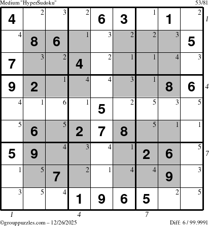 The grouppuzzles.com Medium HyperSudoku puzzle for Friday December 26, 2025 with all 6 steps marked