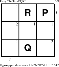 The grouppuzzles.com Easy TicTac-PQR puzzle for Friday December 26, 2025, suitable for printing, with all 2 steps marked