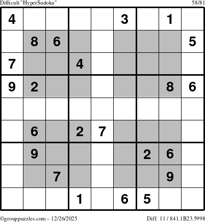 The grouppuzzles.com Difficult HyperSudoku puzzle for Friday December 26, 2025