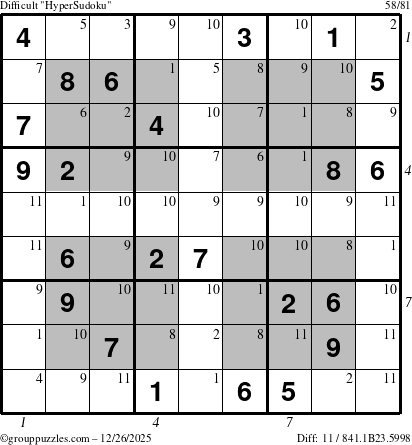 The grouppuzzles.com Difficult HyperSudoku puzzle for Friday December 26, 2025 with all 11 steps marked