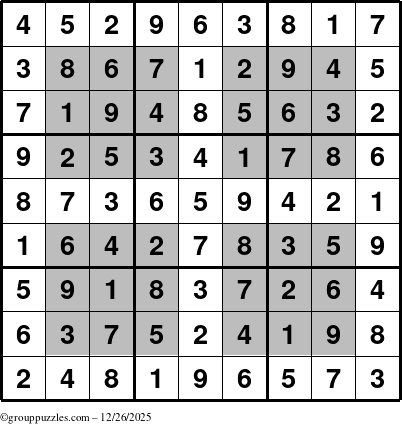 The grouppuzzles.com Answer grid for the HyperSudoku puzzle for Friday December 26, 2025