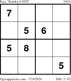 The grouppuzzles.com Easy Sudoku-4-5678 puzzle for Wednesday July 24, 2024