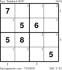 The grouppuzzles.com Easy Sudoku-4-5678 puzzle for Wednesday July 24, 2024 with all 2 steps marked