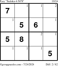 The grouppuzzles.com Easy Sudoku-4-5678 puzzle for Wednesday July 24, 2024 with the first 2 steps marked