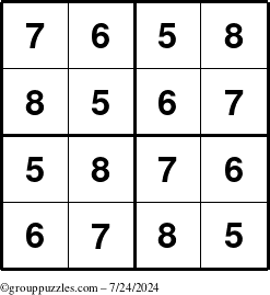 The grouppuzzles.com Answer grid for the Sudoku-4-5678 puzzle for Wednesday July 24, 2024