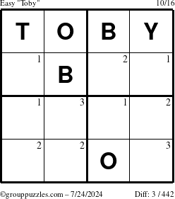 The grouppuzzles.com Easy Toby puzzle for Wednesday July 24, 2024 with the first 3 steps marked