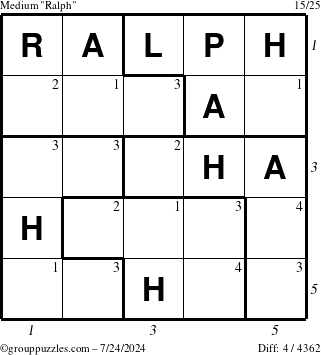 The grouppuzzles.com Medium Ralph puzzle for Wednesday July 24, 2024, suitable for printing, with all 4 steps marked