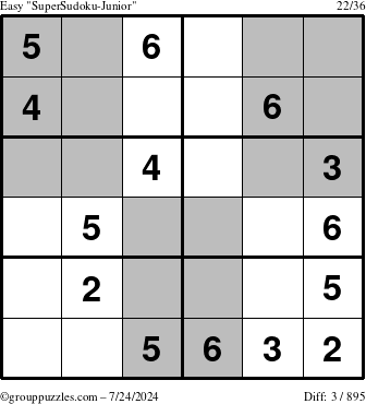 The grouppuzzles.com Easy SuperSudoku-Junior puzzle for Wednesday July 24, 2024