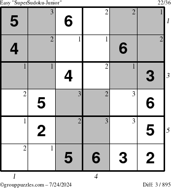 The grouppuzzles.com Easy SuperSudoku-Junior puzzle for Wednesday July 24, 2024, suitable for printing, with all 3 steps marked