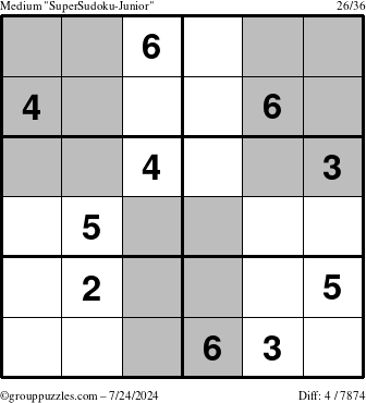 The grouppuzzles.com Medium SuperSudoku-Junior puzzle for Wednesday July 24, 2024