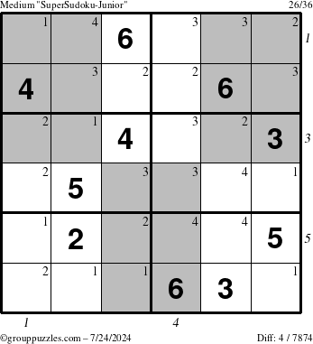 The grouppuzzles.com Medium SuperSudoku-Junior puzzle for Wednesday July 24, 2024, suitable for printing, with all 4 steps marked